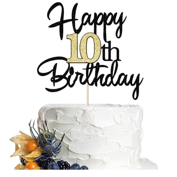 Black and Gold Happy 10th Birthday Cake Topper Lot Of 2 Packs - Picture 2 of 3